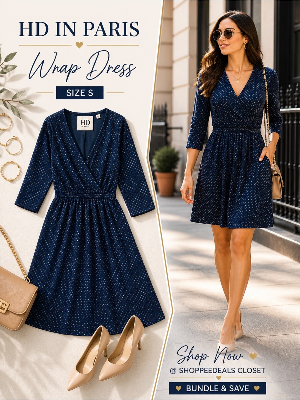 HD in Paris Textured A-Line Wrap Dress 3/4 Sleeve Blue Size S